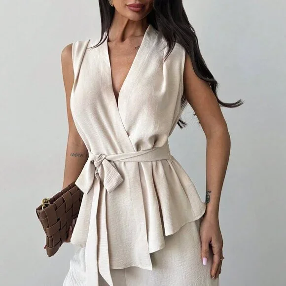 Apricot Elegant Women's Surplice Sleeveless Belted Blouse & Wide leg Pant Set - Picture 5 of 7